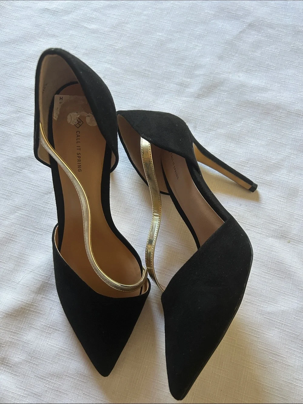 Call It Spring Black Pointed D'Orsay Heels with Gold Accent Strap